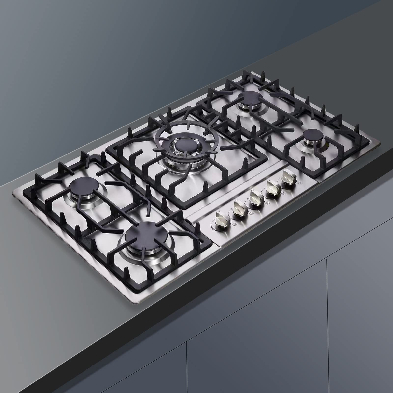 34 Inch Gas Cooktop Stainless Steel Built-in 5 Burners Gas Stovetop LPG/NG Convertible Gas Stove Top Dual Fuel Gas Hob DM5808