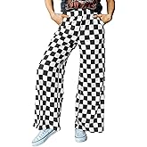 Acelitt Womens Casual Checkered Pants Elastic Waist Comfy Loose Wide Leg Pants with Pockets