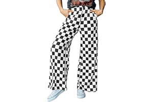 Acelitt Womens Casual Checkered Pants Elastic Waist Comfy Loose Wide Leg Pants with Pockets