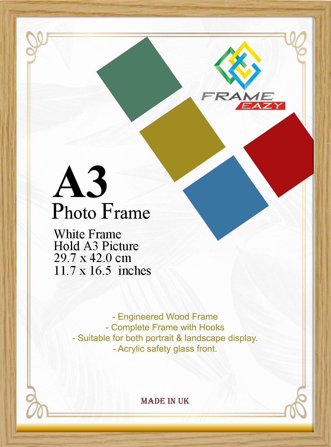 FRAME EAZY A3 Oak Photo Picture Frame Certificate Display Frames Modern Flat Design 29.7 x 42cm Frames Home Décor With Safe Perspex Front & Wall Hanging Hooks