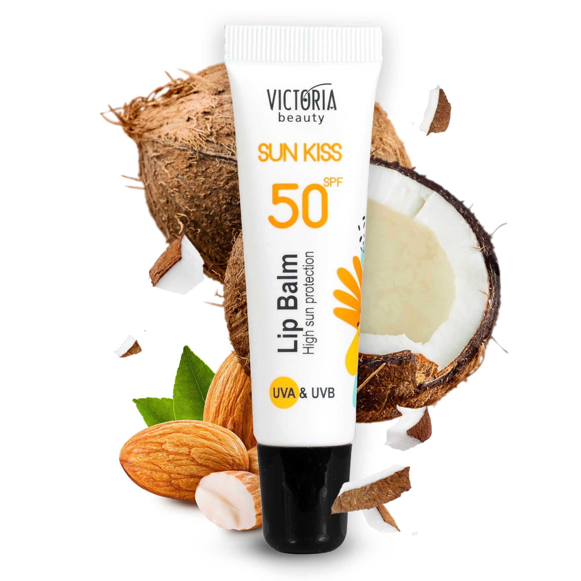 Victoria Beauty Sun Kiss SPF 50 Lip Balm - Lip Sunscreen with Coconut Oil, Sweet Almond Oil, and Hyaluronic Acid, 10ml