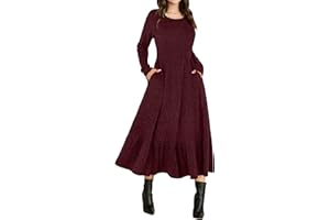 ANRABESS Womens Long Sleeve Midi Dress 2025 Fall Rib Knit Crew Neck A Line Soft Flowy Swing Dresses with Pocket Casual Trendy