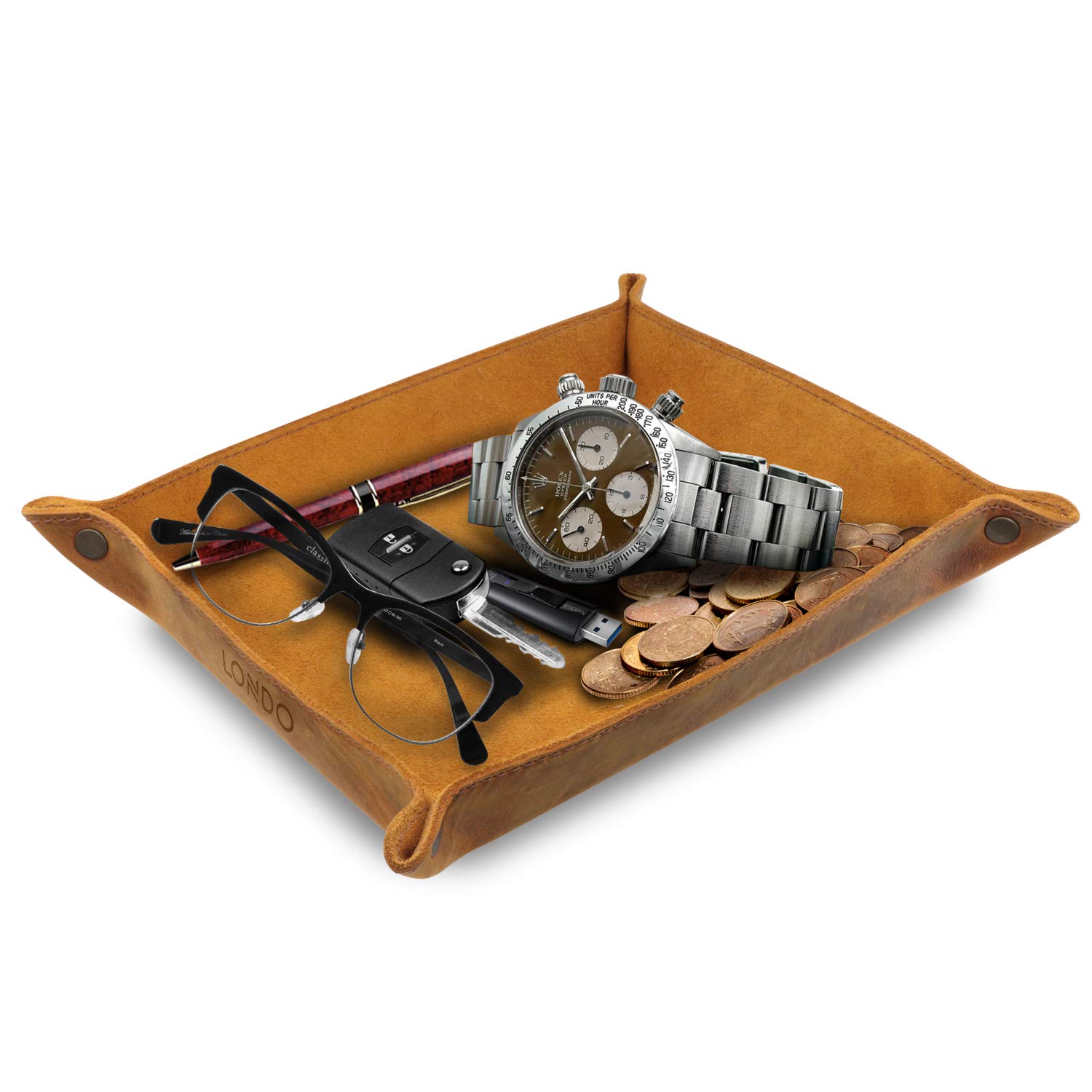 LONDO Genuine Leather Tray Organizer Storage for Wallets Watches Keys Coins Cell Phones and Office Equipment