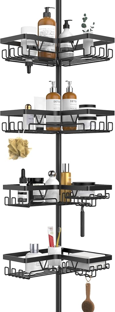 KEGII Telescopic Corner Shower Caddy Black 4-Tier Adjustable Shelf