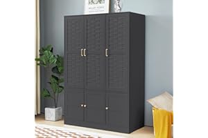 LEVNARY Wardrobe Closet with 6 Woven Doors, Walnut Armoire Wardrobe Cabinet for High Storage Capacity with Adjustable Shelves and Hanging Rail, Freestanding Tall Bedroom Closet (Black)
