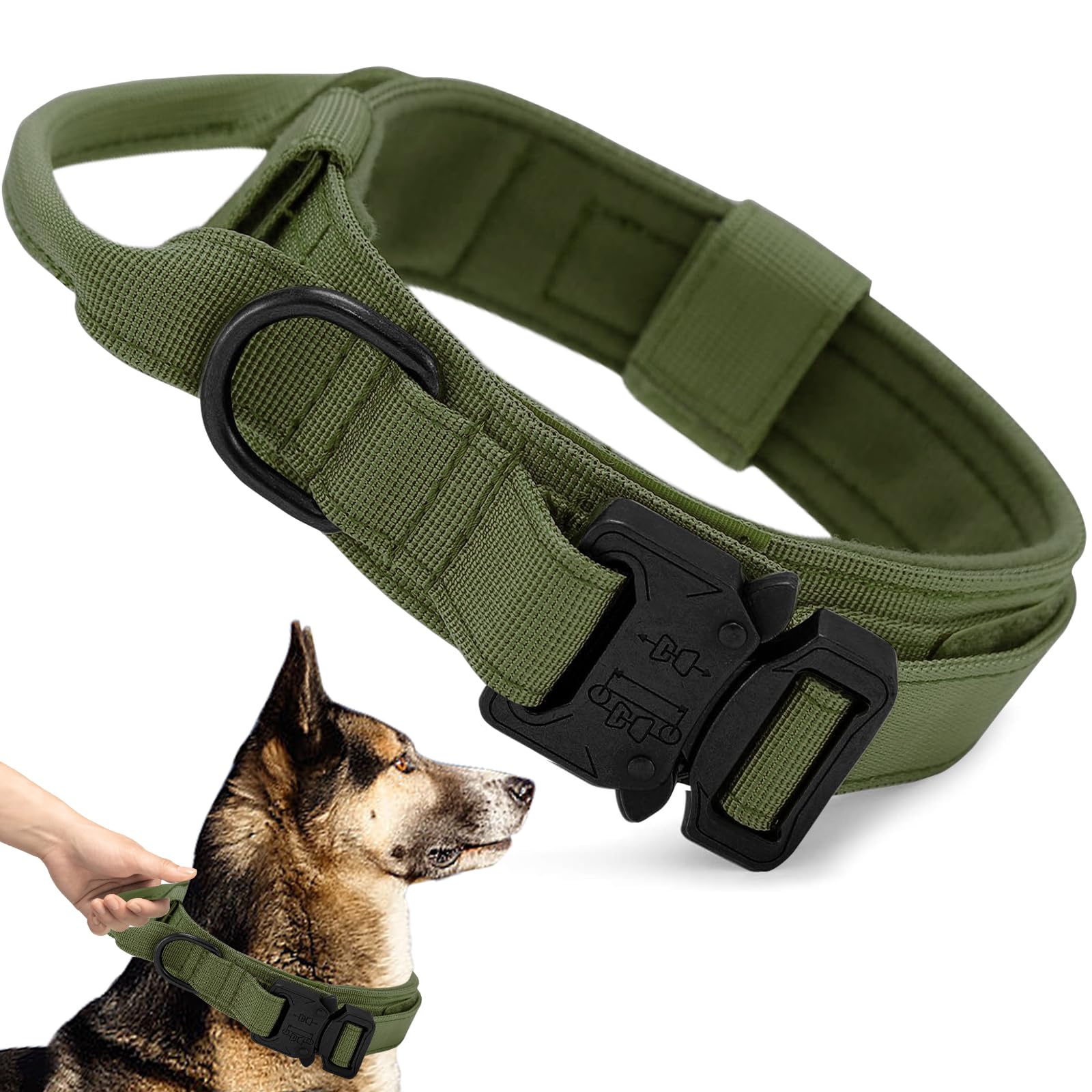 Ceboic Tactical Dog Collar, Military Nylon Dog Collar Soft Padded Adjustable Pet Collar with Control Handle and Heavy Duty Metal Buckle, Dog Training Collar for Medium Large Dogs (Army Green, M)