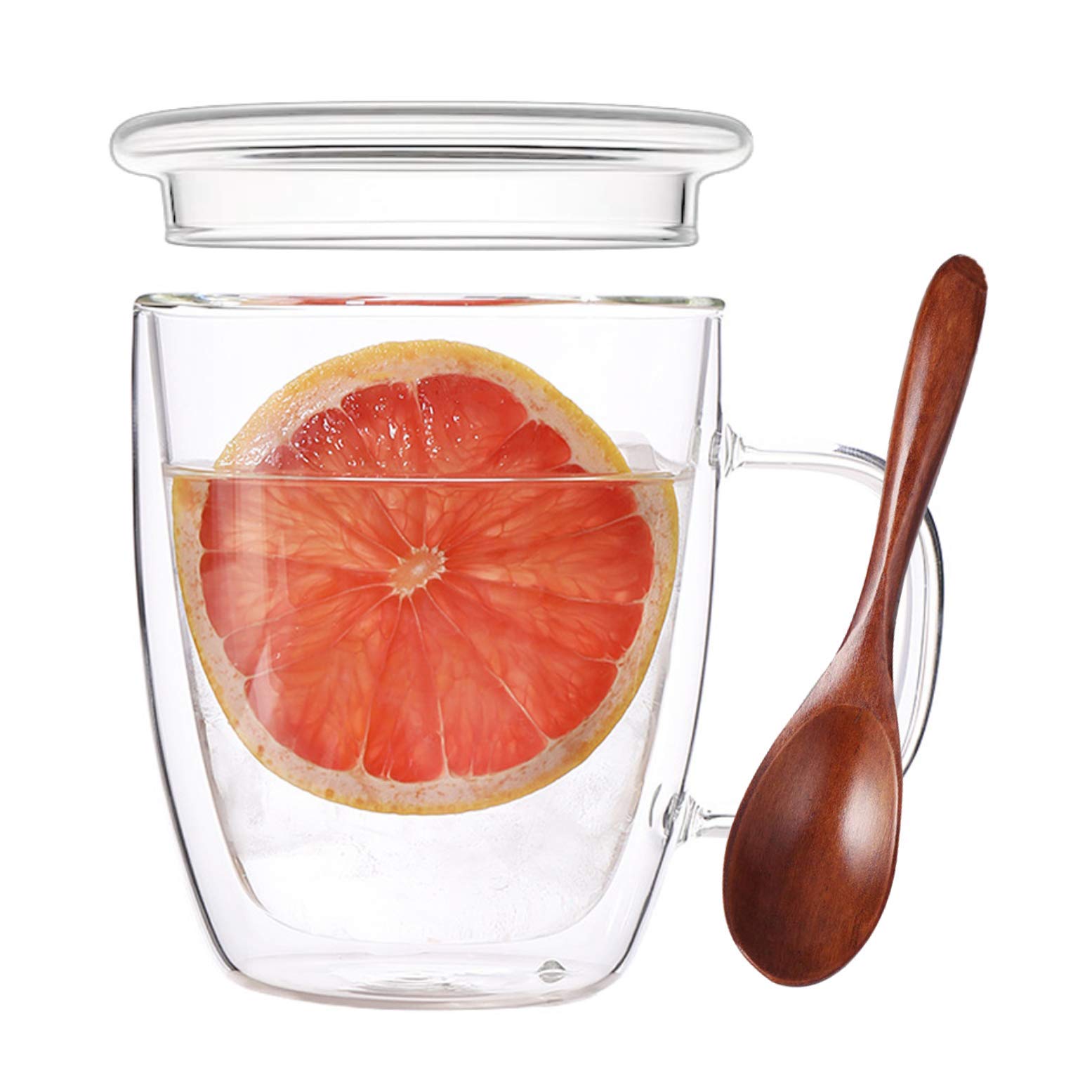 470ml Double Wall Tumbler with Lid and Handle in Elegant and Sturdy Borosilicate Thermal Glass Transparent Double Layer + Free Wooden Spoon for Tea - Long Hot/Cold Drinks