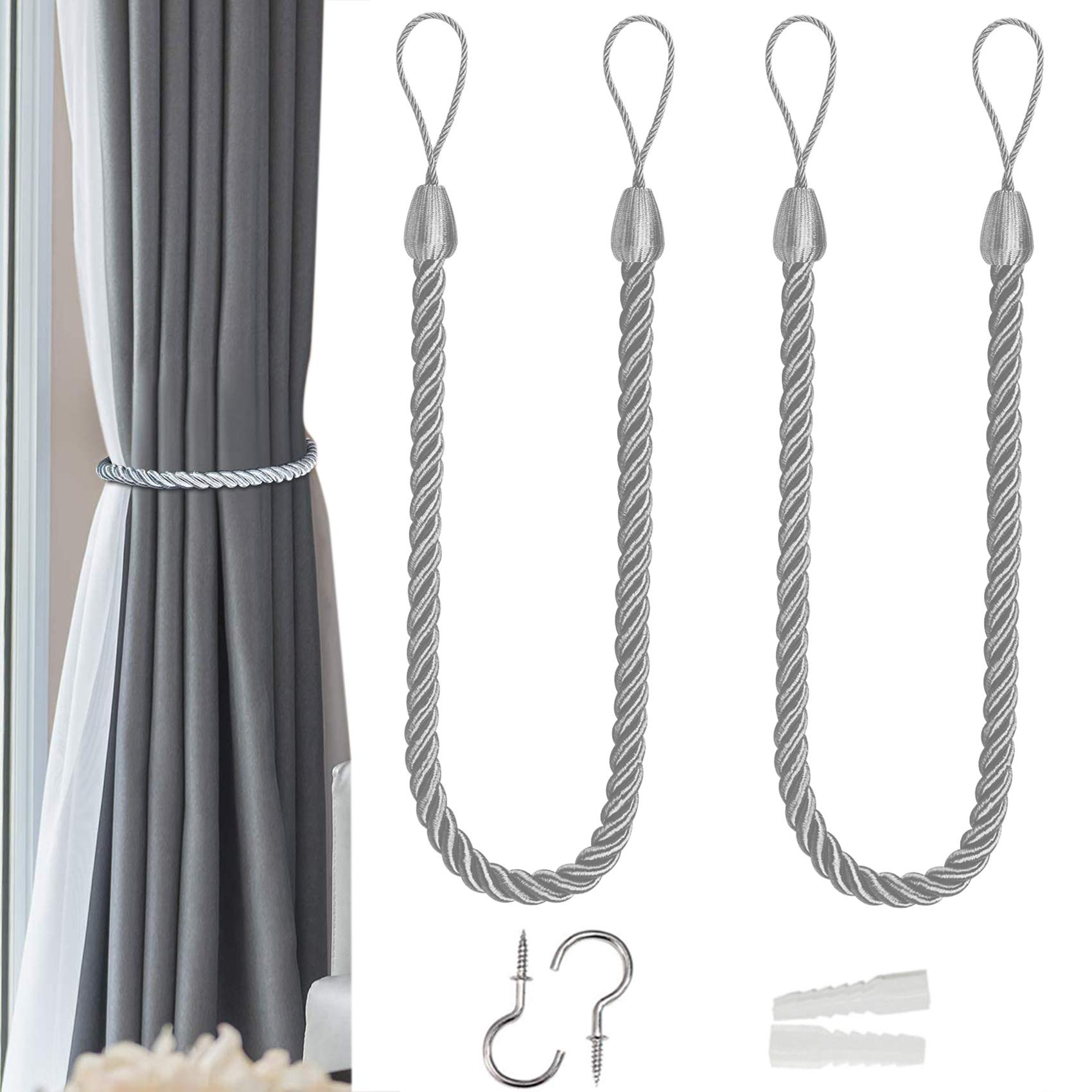 1 Pair Curtain Ties backs, Curtain Tiebacks Ropes, Drapery Holdbacks Artistic Room Décor Handmade Natural Knitting Cotton Rope Drape Tie Backs for Sheer and Blackout Cotton Rope(Dark Gray)