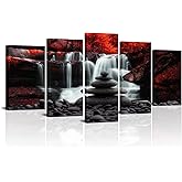 Conipit Black White Red Landscape Print Artwork for Living Room Red Tree Canvas Autumn Wall Art Zen Stones Waterfall Painting Picture Wall Decor Framed Ready to Hang (50''x24'')