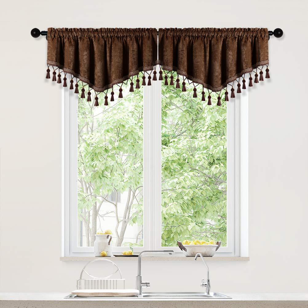 Photo 1 of ELKCA Double-Sided Chenille Window Curtains Tier for Kitchen Chocolate Ascot Valance Curtain for Living Room,Pack of 2 (Chocolate, 52" W x 18" L)
