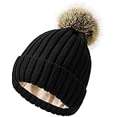 Century Star Womens Satin Lined Winter Beanie with Detachable Faux Fur Pom Pom, Warm Knit Cuffed Hat for Cold Weather