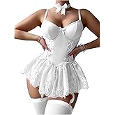 SHENHE Women's Lace Babydoll Garter Lingerie Dress with Thong and Stockings Set