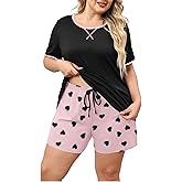 XAKALAKA Women Plus Size Pajama Set 2 Piece Casual Short Sleeve Top and Shorts Sleepwear Soft Pjs Lounge Set with Pockets