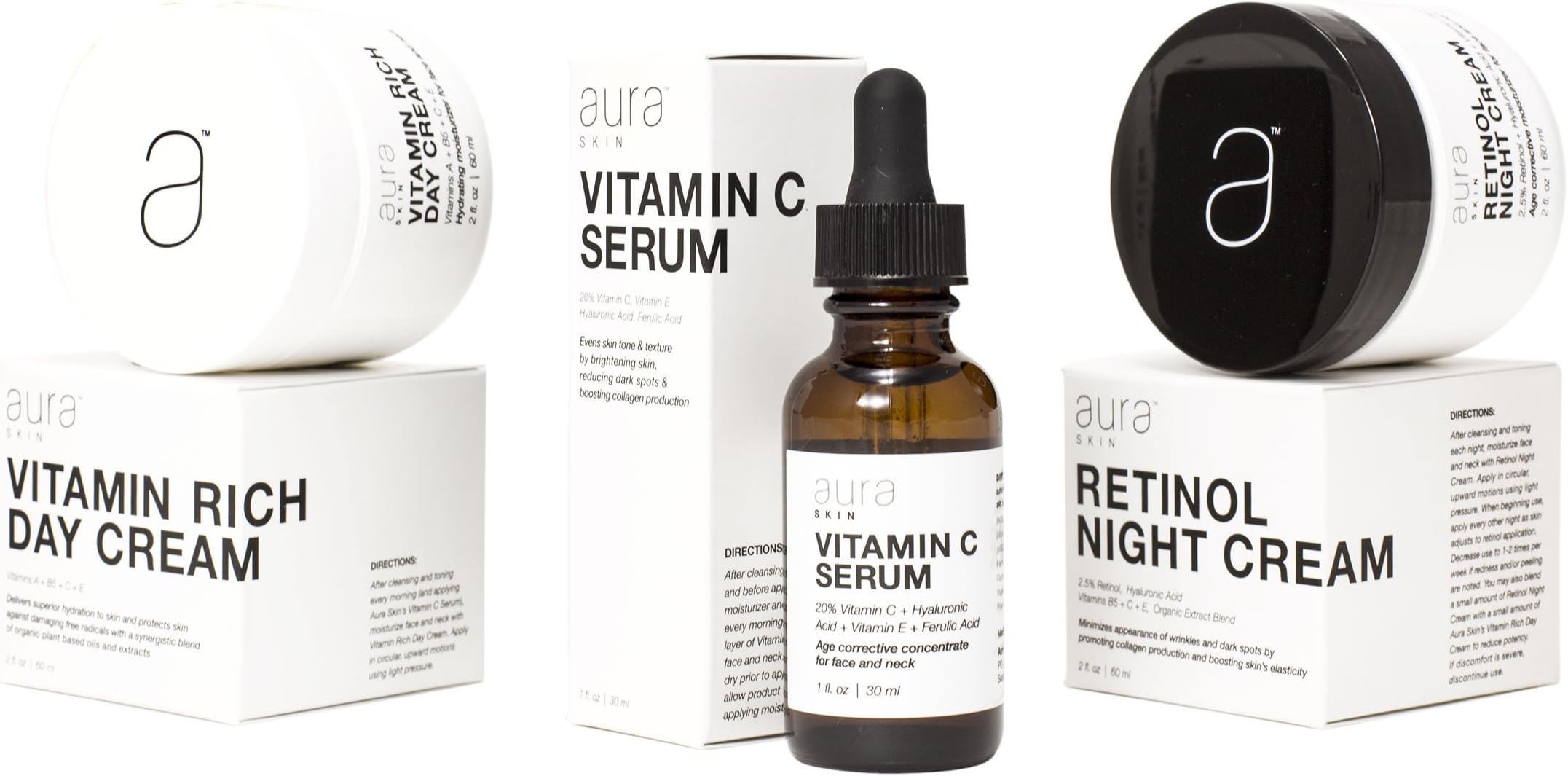 Aura Skin Three Pack #1 Gift Box or Mother's Day Retinol Night Cream 2.5% Retinol, Vitamin Rich Day Cream with Vitamins A, B5, C, E, Vitamin C Serum With 20% Vitamin C, Hyaluronic Acid, Ferulic Acid