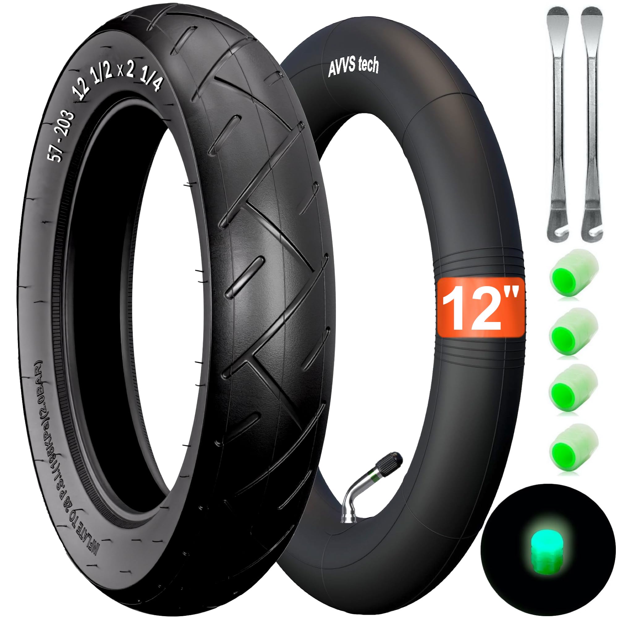 Tire 12 1/2x2 1/4 (57-203) A-1031 + tube, 45° AV valve, 2 levers, fits 57-203 stroller, toy car, go-kart
