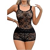 RoseSeek Women's 2 Piece Floral Lace Lingerie Set Sheer Mesh Camisoles Tops and Boyshorts Sleepwear