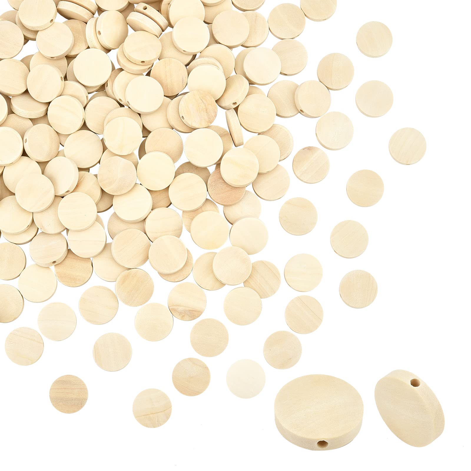 PH PandaHall 200pcs Natural Flat Round Wood Beads, 15mm Brown Wooden Craft Beads