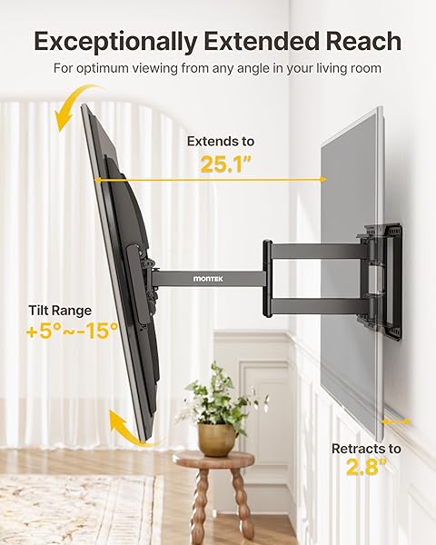MONTEK HEAVY-DUTY FULL MOTION TV WALL MOUNT BRACKET FOR 50–100″ TVS UP TO 200 LBS – 4X LOAD TESTED, DUAL ARM EXTENSION TO 25.1″, TOOL-FREE TILT/SWIVEL/LEVEL, MAX VESA 900×600, FITS 12/16/18/24″ STUDS