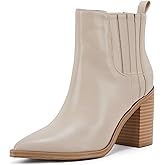 Womens Ankle Boots Slip on Pointed Toe Chunky Block Mid Heel Leather Elastic Panel Casual Chelsea Western Booties