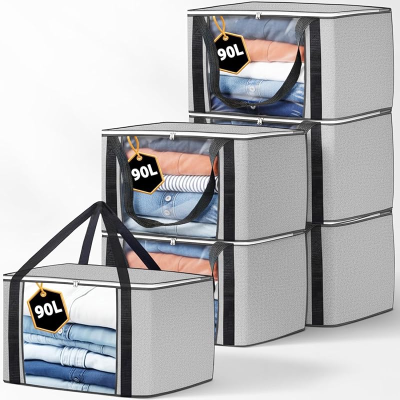 KURNI Storage Bags Clothes 6 Pack Grey 90L 3 Sided Zipper with Lid
