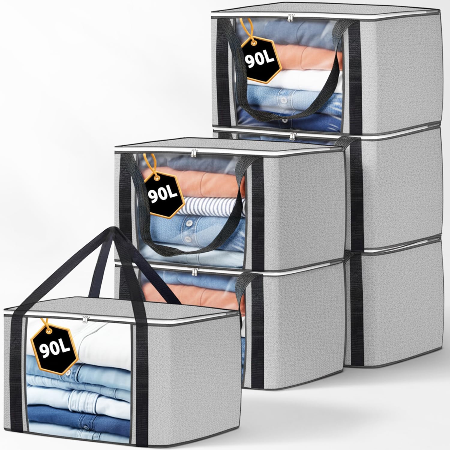 KURNI Storage Bags Clothes 6 Pack Grey, Large Moving Boxes With Top Lid 90L Capacity, 3 Sided Zipper Storage Box. Dust/Mites & Moisture Proof 60 x 43 x 35cm