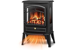 Xbeauty Indoor 15'' Electric Fireplace Stove, Freestanding Fireplace Heater with Adjustable Realistic 3D Flame Effect, Overheating Protection, for Small Spaces or Bedroom, 1000W/1500W