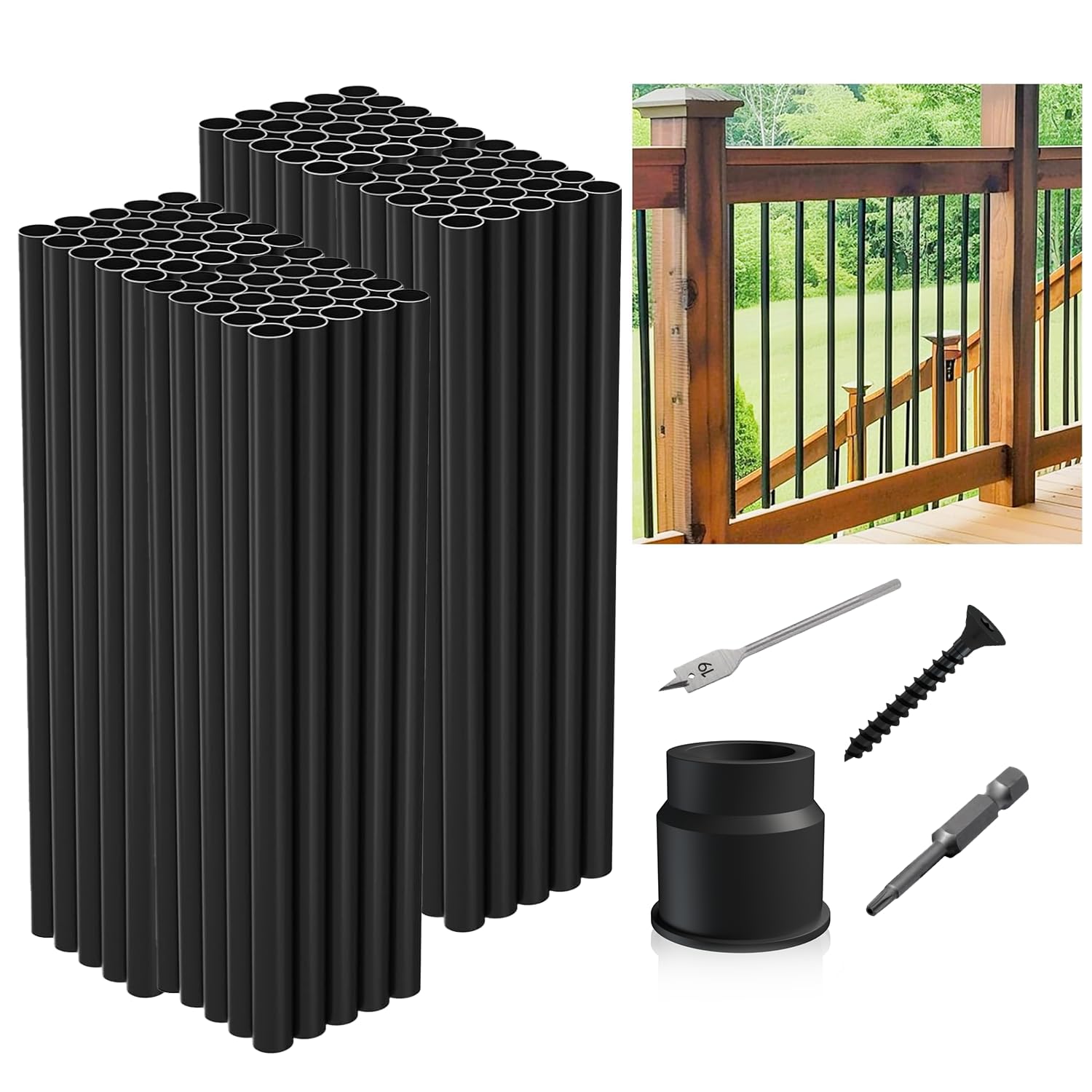 Photo 1 of 32"-100Pack Aluminum Deck Balusters Hollow Round Deck Railing Spindles Matte Coated Black for Wood and Composite Deck Indoor Outdoor