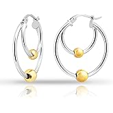 Hoops & Loops 925 Sterling Silver Double Loop Beaded Hoop Earrings for Women, 14k Gold/Rose Gold, Black Flash Plate 25mm High Polished Hypoallergenic Two Bead Design Earrings