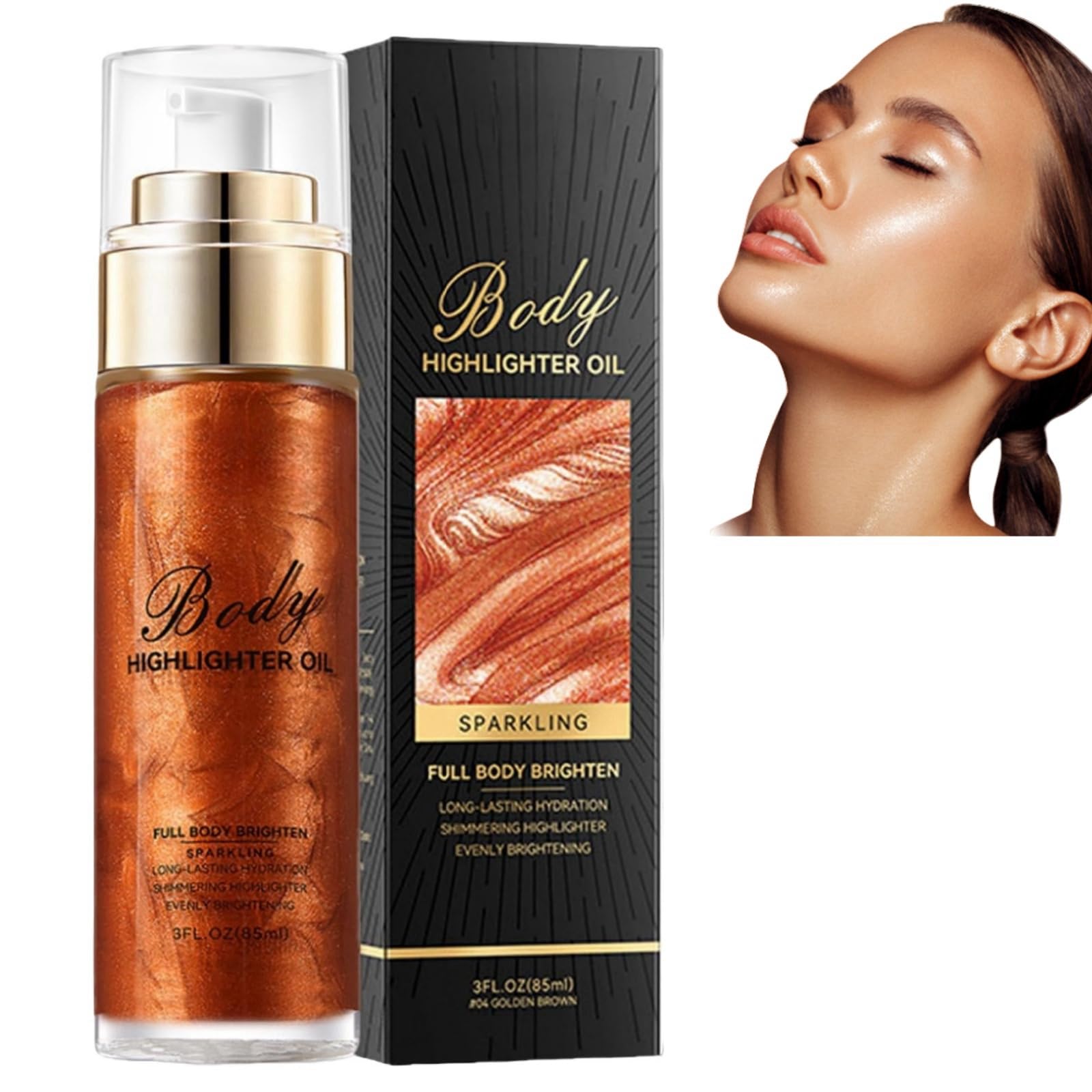 Body Shimmer Oil,Moisturizing Body Highlighter Makeup,Waterproof Liquid Luminizer, Non-Sticky Body Glow Shimmer Lotion,Body Smooth Light Shimmer Glow Oil for Face and Body,80ml (#04-Golden Brown)