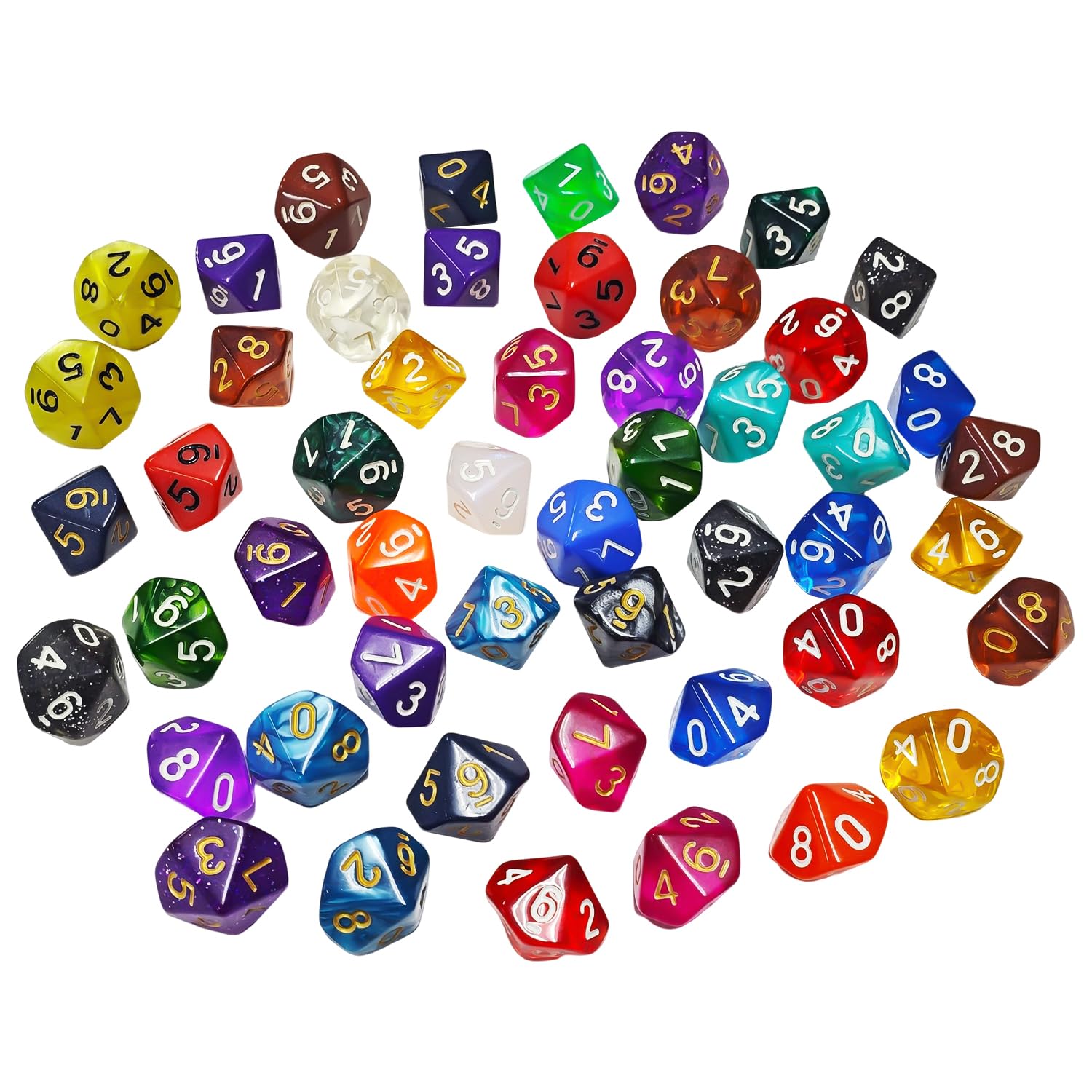 USHXVG 50 Pieces Cubic Number Dice, Multi-sided Dice Set, Gaming Dice Set, Colorful Dice Set, Acrylic Dice Set, 10-Sided Dice Set