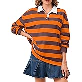 Soamat Women's Oversized Striped Polo Sweatshirt Long Sleeve Rugby Collared Pullover Tops Loose Fit Shirt