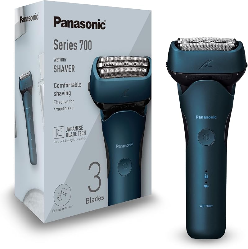 Série 700 ES-ALT4B Barbear Elétrico de 3 lâminas para uso húmido e seco para homens, sem fios, impermeável, sensor responsivo, cabeça flexível, aparador, empunhadura ergonómica, azul