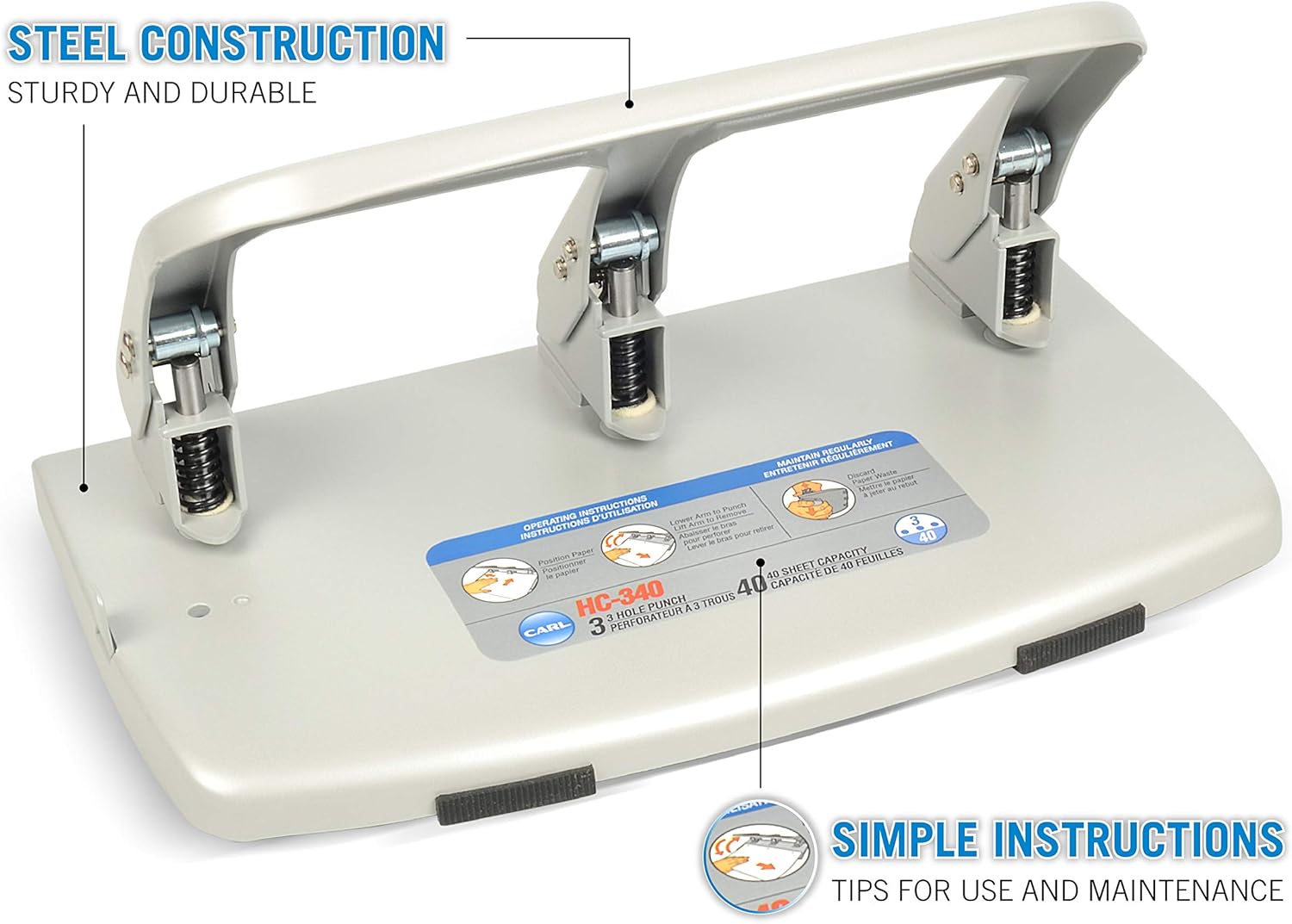 CARL, Medium-Duty 3 Hole Paper Punch, 40 Sheet Punch Capacity, Metallic, Model:HC-340 : Paper Punches : Office Products