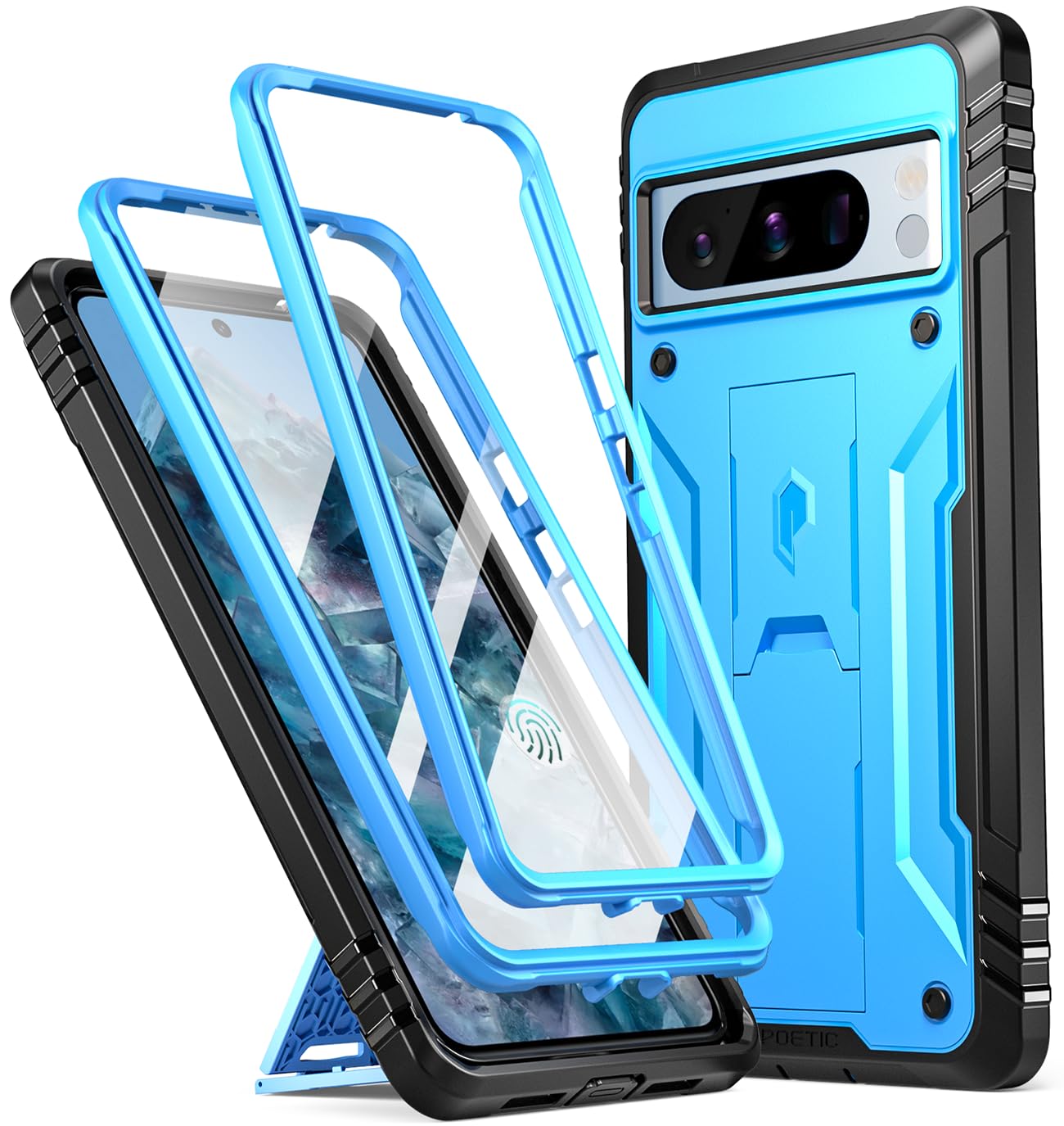 Poetic Revolution Case Compatible with Pixel 8 Pro 5G, Full Body Rugged Shockproof Protective Cover Case with Kickstand, Built-in Screen Protector Work with Fingerprint ID, Light Blue — image 1