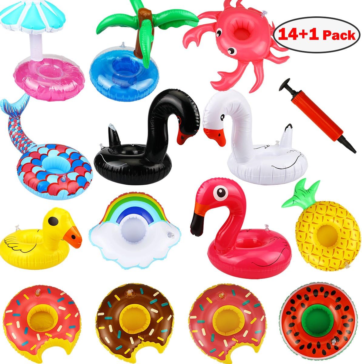 Libay Inflatable Drink Holders, 14 Packs Drink Floats Inflatable Cup Coasters with Mini Air Pump for Pool Party and Kids Bath Toys
