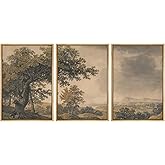 MUDECOR Framed Wall Art Print Set Vintage Landscape Rustic Tree and Mountain View Illustrations Decorative Colorful for Livin