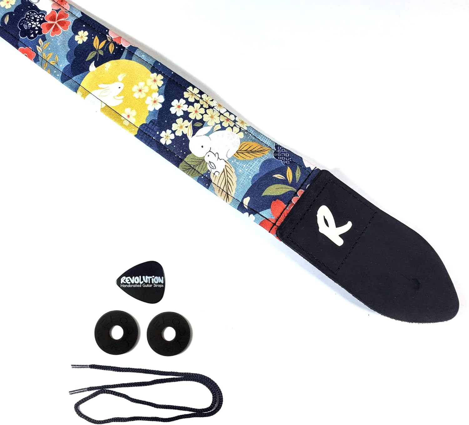 Mixed Media - Japanese Floral Guitar Strap with Rabbits-Genuine Leather Ends, Includes 2 Strap Locks & 1 Pick. Pick Pocket, For Bass, Electric & Acoustic Guitars Gift for Guitar Players Men, Women & Kids