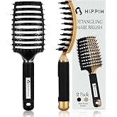 HIPPIH Boar Bristle Hair Brush Set of 2, Detangling Smoothing for Wet &amp; Dry | Natural boar bristle adds shine &amp; smoothness; detangles long thick curly hair; works wet &amp; dry; ideal for women, men &amp; kids