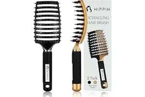 Boar Bristle Hair Brush 2 Pack, HIPPIH Wet & Dry No Pull Curved Vented Hair Brush, Styling Magical Detangler Brush for Kids & Men, Hairbrush for Women Can Adds Shine & Smooth Curly Thick Hair