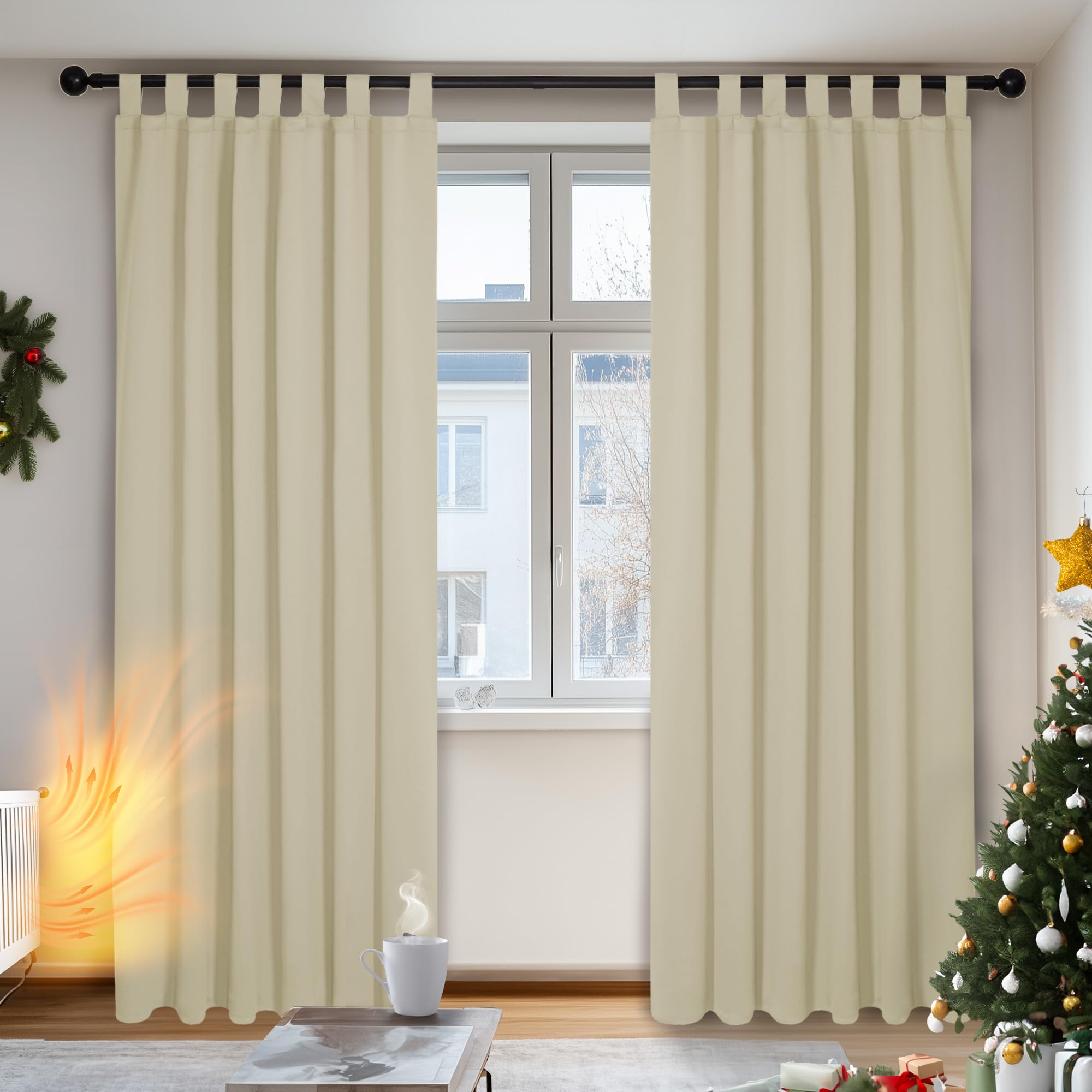 Deconovo Super Soft Tab Top Curtains Thermal Insulated Blackout Curtains for Doors Beige W55 x L82 Inch One Pair