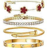 Arthur Liu Gold Bracelets for Women, 18K Gold Plated Women Tennis Bracelets Clover Nail Love Bangle Bracelet Set, Gold Bracelet Stackable Set Trendy Jewelry, Gifts for Women's Day and Mother's Day