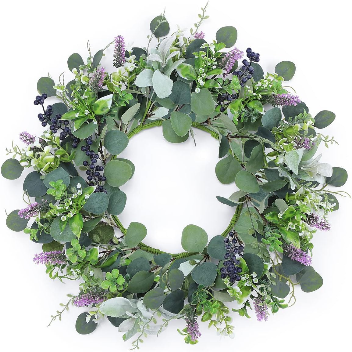 Dremisland Eucalyptus Wreath for Front Door 22” Artificial Lavender Wreath Fake Floral with Berries Spring Summer Faux Green Leaf Welcome Wreaths Garland Decor for Window Porch Garden Farmhouse Decor