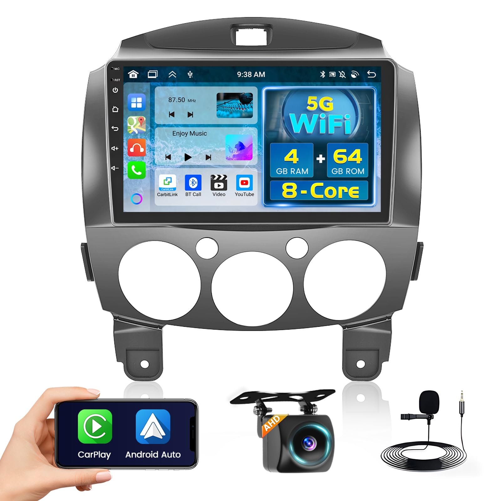 Photo 1 of 8 Core 4+64GB for Mazda 2 2007-2014 Android 15 Car Stereo Wireless Carplay Android Auto, 9'' Touchscreen Car Radio with GPS, WiFi, 32EQ DSP, 59 UI, Bluetooth, FM RDS, Backup Camera