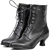 Yremael Women's Victorian Ankle Boots - Mid Calf, Round Toe, Black Boots with Chunky Heel & Lace Up Detail