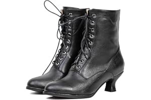 Yremael Women's Victorian Ankle Boots - Mid Calf, Round Toe, Black Boots with Chunky Heel & Lace Up Detail