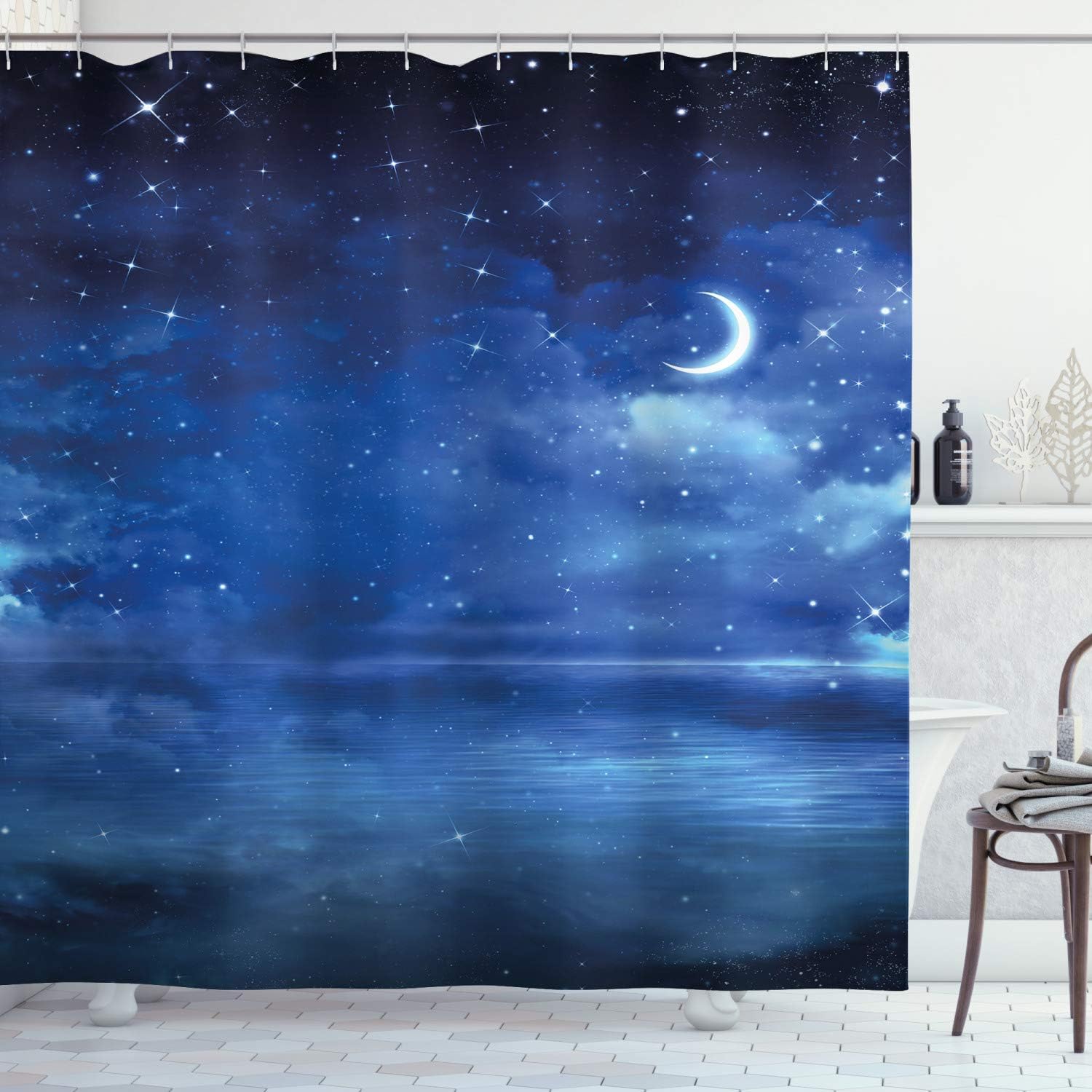 Lunarable Star Shower Curtain, Stars and Crescent Moon Clouds Magical Night Sky in The Open Sea