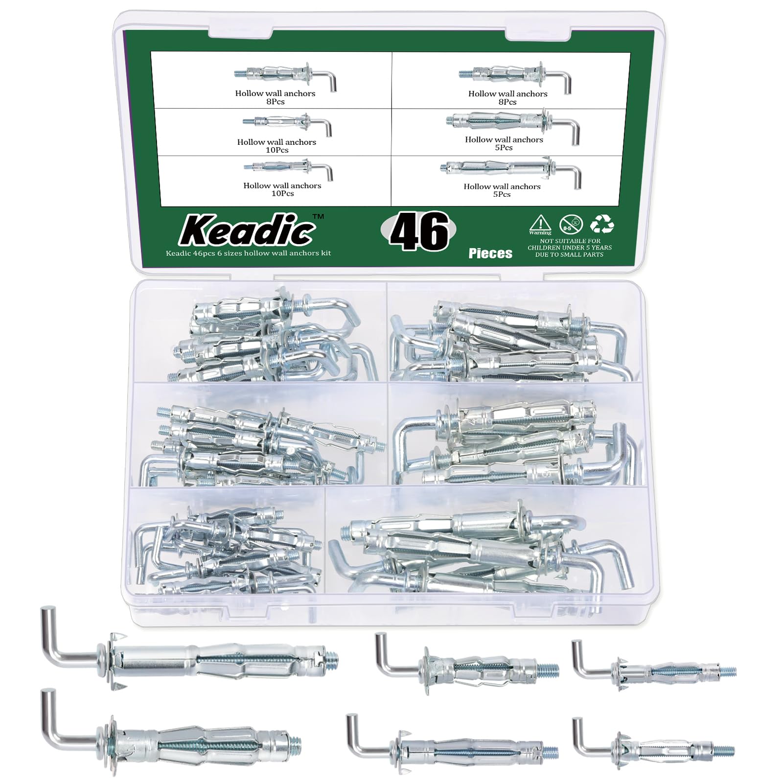 Keadic 46Pcs 6 Sizes Hollow Wall Anchor Screw Assortment Set, M4*32, M4*38, M5*37, M5*52, M6*52,M6*65, Heavy Duty Zinc Plated Steel Molly Bolts for Plasterboard Fixing (L Style)