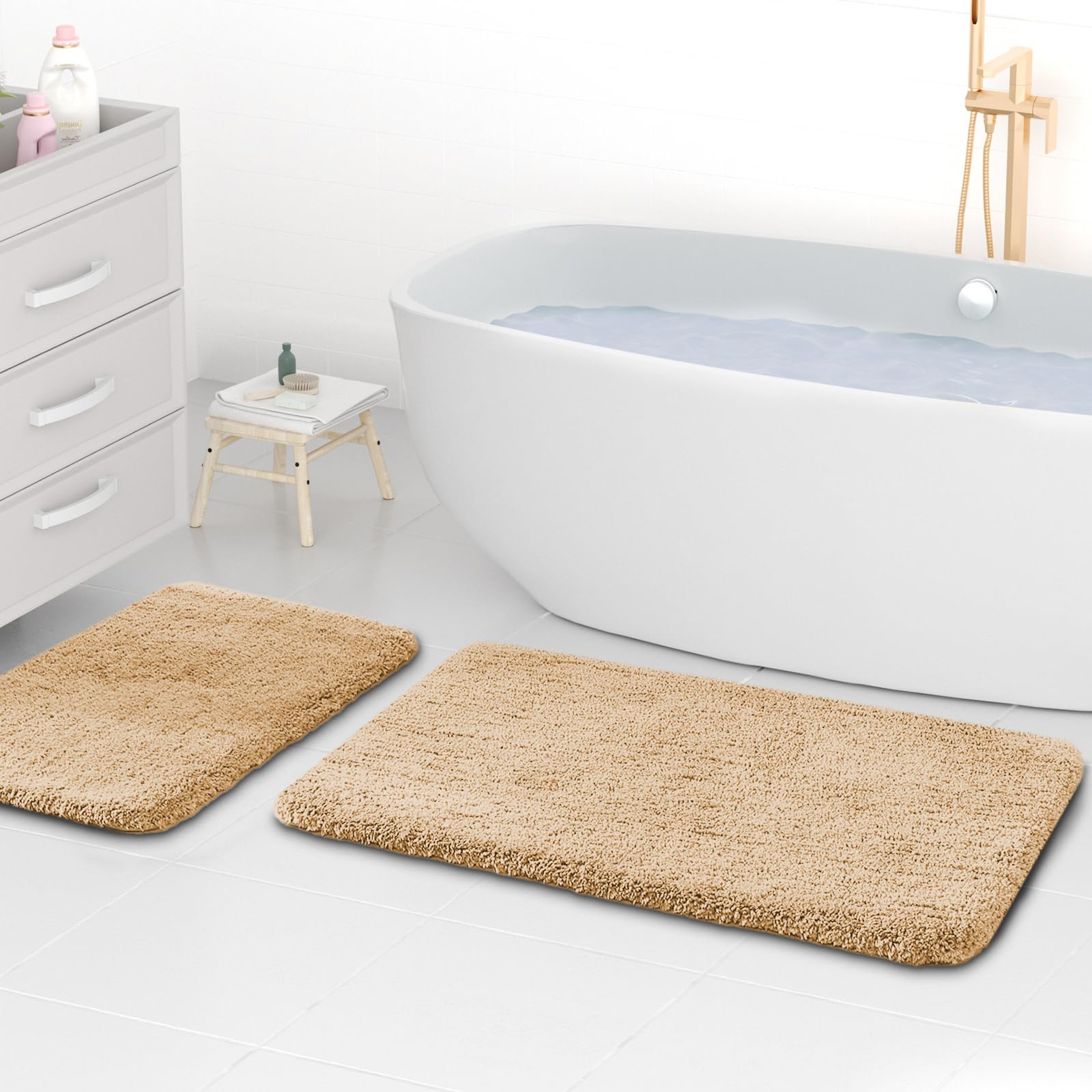 wyewye Microfibre Bath Mats, 2cm Super Thick Bath Rugs, Super Absorbent Bathroom Rugs 50x80cm and 40x60cm, Camel