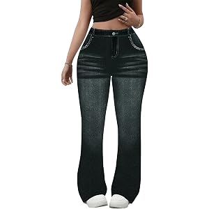 Ctsazhy Plus Size Pants for Curvy Women,Stretchy Wide Leg Leggings | Denim Print-Look,Casual Pants for Daily,Work,Loungewear,