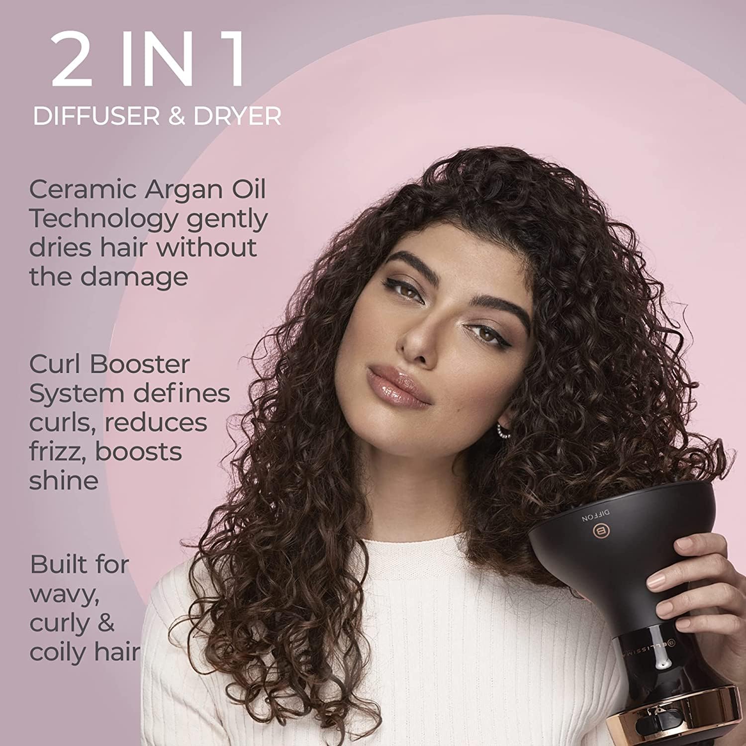 Bellissima Italia Diffon Hair Diffuser and Ceramic Curly Hair Dryer - DF1 5000 - Lightweight and Compact